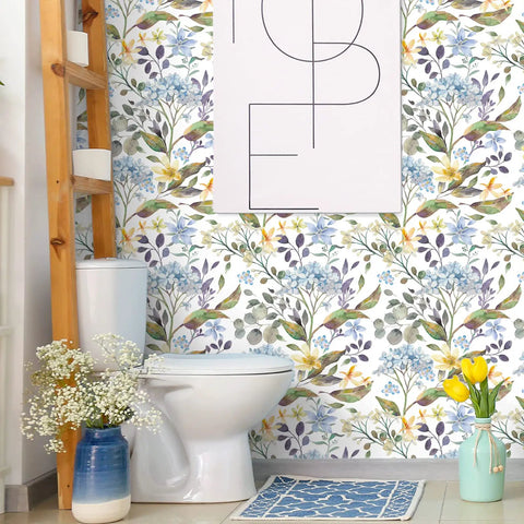 Blue Hydrangea Floral Peel And Stick Wallpaper For Bathroom And Bedroom Vinyl Self Adhesive Wall Covering 17.7 Inch Wide By 354 Inch Long Roll About 43.5 Sq Ft Removable Matte Finish Water Resistant Easy Diy Decor For Cabinets Shelves Or Any Space in bathroom setting with flowers and artwork