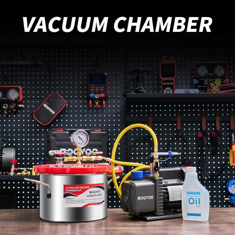 ROGVOC 1.5-gallon stainless steel vacuum chamber kit with acrylic lid and yellow hose, front view