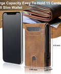 Slim Card Wallet For Men With RFID Blocking Minimalist Front Pocket Pop Up ID Window shown holding 15 cards next to a phone.