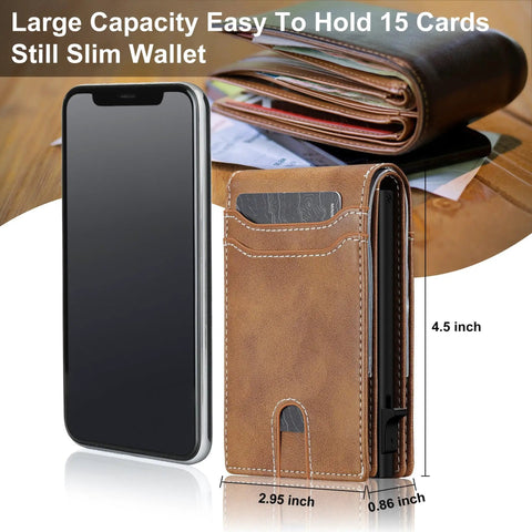 Slim Card Wallet For Men With RFID Blocking Minimalist Front Pocket Pop Up ID Window shown holding 15 cards next to a phone.