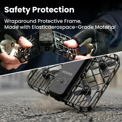 Close-up of Follow Me Drone With Camera And Self Flying Mode, foldable design with protective frame in black, shown in hand.