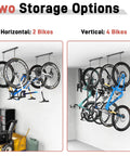 Ceiling Bike Rack For Garage And Home Storage Hang Indoor Bicycles Up To Two Horizontally Or Four Vertically With Adjustable Hooks 25 Inch Durable Steel Construction Rust Resistant Space Saving, showing two bikes stored horizontally and four vertically.