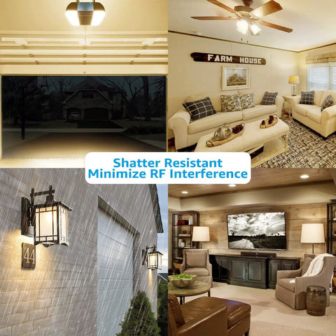 Rooms lit with Universal Garage Door Opener LED Bulb 1700 Lumens 15W Equal 100W, A19 E26 Base, 3000K Warm White, no flicker