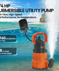 Beefy Submersible Sump Pump With Tethered Float Switch One Quarter Horsepower, shown spraying water, 8160 LPH, orange design.