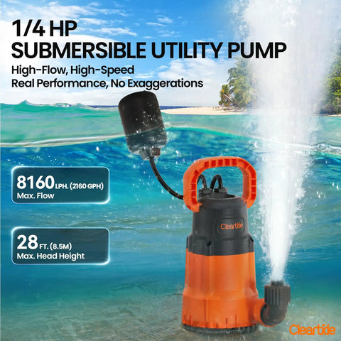 Beefy Submersible Sump Pump With Tethered Float Switch One Quarter Horsepower, shown spraying water, 8160 LPH, orange design.
