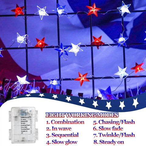 2 Pack 80 LED Red White Blue Patriot String Lights Battery Operated 20 Ft indoor outdoor fairy lights displayed with modes
