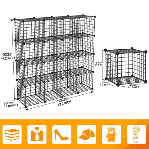 All In One Freely Configurable Wire Cube Storage Organizer System With 16 Modular Metal Grids Great For Toys, Books, Clothes, Shoes, Plants, And Pets Black Iron Finish Dope Versatile Shelving For Living Room, Bedroom, Or Craft Space
