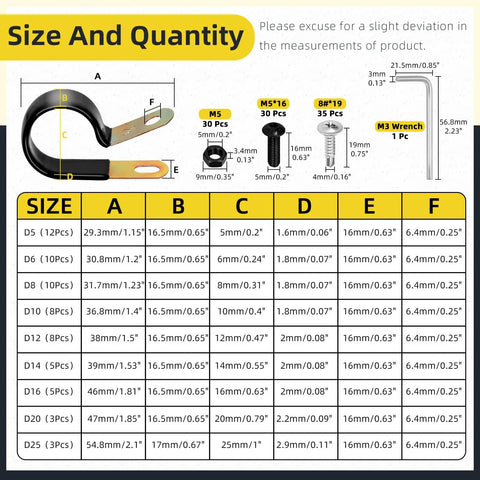 160 Piece Heavy Duty Vinyl Coated Cable Clamp Kit With Screws 9 Sizes From 5mm To 25mm Galvanized Steel Cushioned P Clips Size Chart