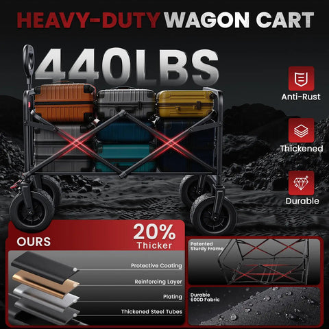 200L Collapsible Wagon Cart Heavy Duty Beach Wagon With 7.48 Inch All Terrain Wheels And Side Pocket loaded with luggage