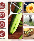 Amazon 4-piece stainless steel kitchen tool set with spiral and V blades for peeling and crinkle cutting.