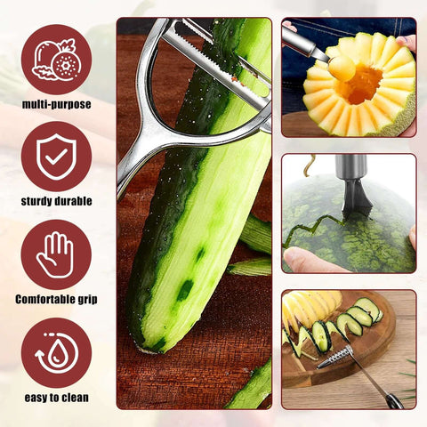 Amazon 4-piece stainless steel kitchen tool set with spiral and V blades for peeling and crinkle cutting.