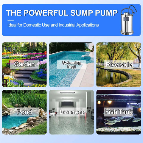 Tough As Nails Submersible Sump Pump Stainless Steel Body 1HP Motor 3700 GPH High Flow for garden and basement use.