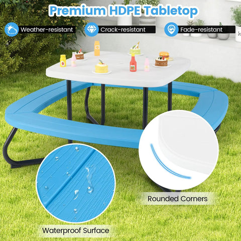 8 Seat Kids Picnic Table Set With Foldable Umbrella For Outdoor Backyard Fun Built In Benches For Up To 8 Toddler Friendly Patio Or Garden Furniture Blue with HDPE tabletop detail and waterproof surface.