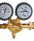 Brass nitrogen regulator with dual gauges and brass fittings, front view
