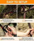 Steps showing how to set up Ultralight Camping Hammock For Outdoors And Backpacking with tree straps and carabiners.