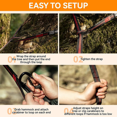 Steps showing how to set up Ultralight Camping Hammock For Outdoors And Backpacking with tree straps and carabiners.