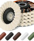 Top Shelf 10 Piece Wool Buffing Wheels And Polishing Compound Set Compatible With 4 Point 5 Inch Angle Grinders, felt flap discs and polishing blocks.