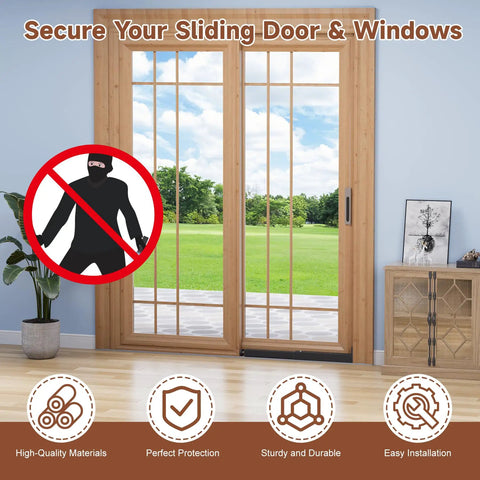 Heavy Duty Adjustable Window Security Bar For Sliding And Double Hung Windows Straight Up Tough Interior Lock Bar shown securing sliding door.
