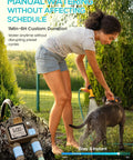 Woman watering dog in garden using Dual Zone Sprinkler Timer For Garden And Lawn With 2 Brass Inlets Programmable Irrigation Controller