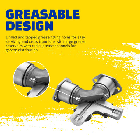 Greaseable Premium Universal Joint For Ram Trucks 2500 3500 4500 with drilled grease fittings on yellow background