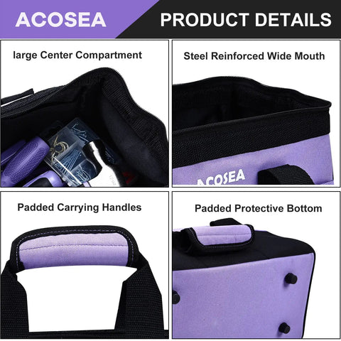 Purple Tool Bag With Wide Mouth Opening And 12 Storage Pockets, 13 Inch Tool Organizer showing compartments and features