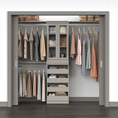 Super Slick Modular Closet Storage Organizer With Four Stackable Drawers In Taupe Decked Out With Decorative Trim And A Solid Back Panel For A Gotta Have Organized Space Vibe That Stays Tight And Totally Hassle Free