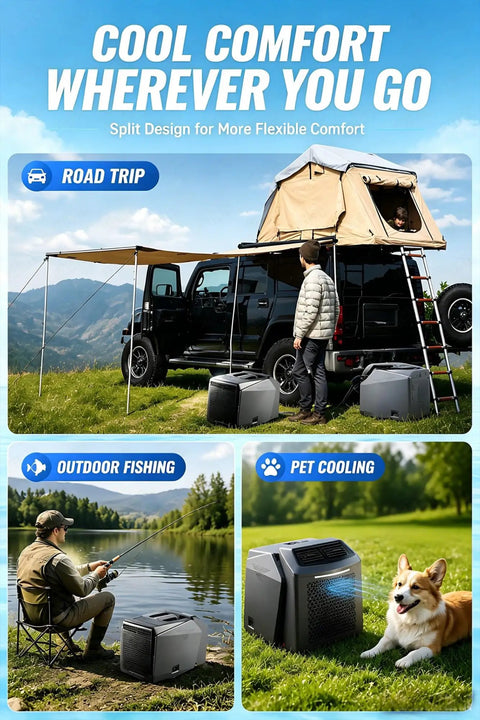 Kick Back And Stay Chill With This 6200 BTU Portable Air Conditioner by outdoor setup with tent, cooler, and fishing scene.