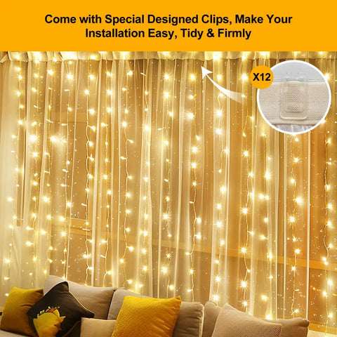 300 LED Fairy Curtain Lights 9.8 X 9.8 Ft USB Plug In With 8 Modes Remote Warm White illuminating a cozy living room.