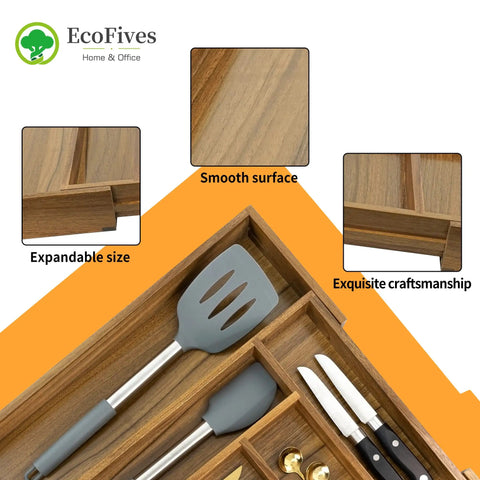 Expandable Acacia Kitchen Drawer Organizer With Grooved Dividers Eight Slot Silverware Tray For Flatware And Utensils Space Saving Utensil Holder