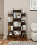 Vintage Industrial Freestanding Bookcase With 12 Shelves And 2 Drawers In Rustic Brown Finish For Living Room Bedroom Study Or Home Office A Dope Space Saving Storage Organizer That Showcases Books Decor And More