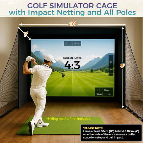 Indoor Golf Simulator Enclosure Kit 10 X 8 Ft With 4K Ready Dual Layer Projection Screen, Safety Netting And Thick Foam Edge