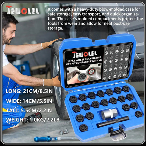 Mechanic using 22 Piece Wheel Lock Nut Key Kit For VW Volkswagen Cars Anti Theft Lug Nut Socket Set with open case