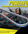 Diagonal view of silver MRELC 420 motorcycle chain, 132-link length with chain breaker included
