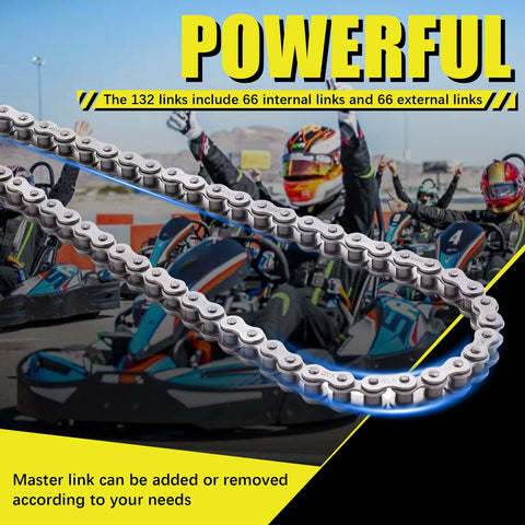 Diagonal view of silver MRELC 420 motorcycle chain, 132-link length with chain breaker included