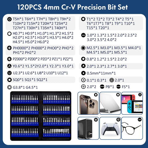 120-piece precision bit set part of 200 In 1 Electronics Repair Screwdriver Kit With 164 Bits Magnetic Drivers Flexible Shaft And Extension Rod, Includes Tweezers Cleaning Brush Suction Cup Paddle Bits, Ideal For PC, iPhone, Laptop, Console, And More.