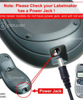 Close-up of power jack on label maker for Beefed Up 9V DC Power Adapter For Dymo Rhino RhinoPRO LabelManager LabelPoint LetraTag ExecuLabel.