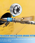 Grease Gun Coupler With Extended Reach And 12000 PSI Beefy Lock For Hard To Reach Fittings, 0.53 Inch Diameter And 2.9 Inch Reach