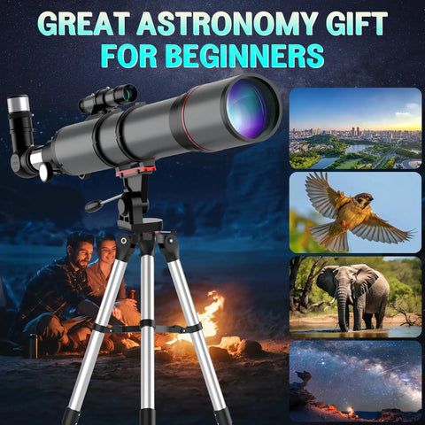 High Powered 90mm Refractor Telescope With 800mm Focal Length For Adults And Beginners, Portable Astronomy Kit displayed outdoors