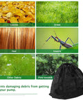 Large Pump Barrier Bag For Pond And Pool Filtration, 17.7x17.7 Inch Nylon Mesh Filter Bag next to leaves, grass, and debris images.
