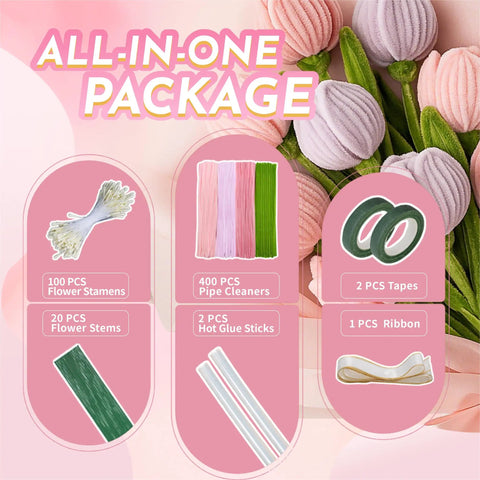 Ultimate Pipe Cleaners Craft Kit For DIY Flowers 400 Chenille Stems In Pink And Green With Floral Wire Stamens Ribbon Floral Tape Glue Sticks And Simple Instructions For Kids Arts And Crafts Projects components overview.