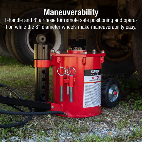 10 Ton Portable Air Lift Jack For Trucks And Trailers Narrow Chassis Design Heavy Duty Lift on grass with T-handle and wheels
