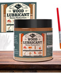 Premium Wood Lubricant Paste Wax That Unsticks Stubborn Drawers And Cabinet Slides By Cutting Friction From Antique Furniture Joints With Zero Residue Comes Ready With Application Brush And Work Gloves in 7 ounce jar with packaging.