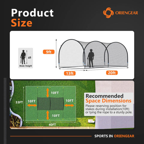 Diagram showing dimensions of Backyard Baseball Batting Cage With Open Ended Net For Easy Access 20Ft Long By 13Ft Wide By 9Ft High