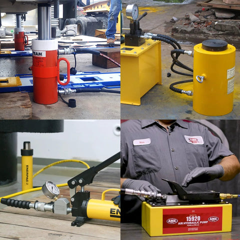 4-piece collage of 3/8-in hydraulic quick-coupler set with Enerpac and AME pumps, gauges, and caps.