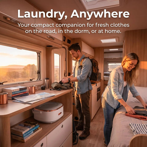 Kick Laundry Day To The Curb With This Portable Folding Mini Washer Offering Straight Up Fresh Results In A Sixteen Liter Drum Built For Underwear Socks And Travel Friendly Laundry in a cozy camper setting.