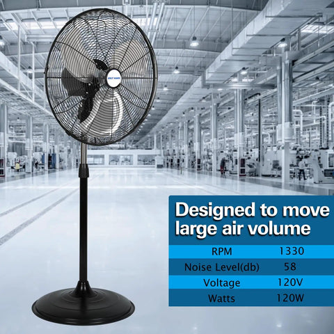 Powerful 20 Inch High Velocity Industrial Pedestal Fan With 5200 CFM in warehouse setting