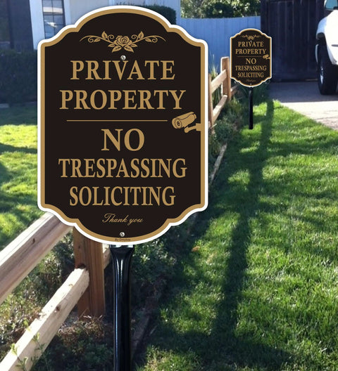 Top Shelf Rust Free Aluminum Private Property Signs With Heavy Duty 36 Inch Stakes for No Trespassing in outdoor setting.