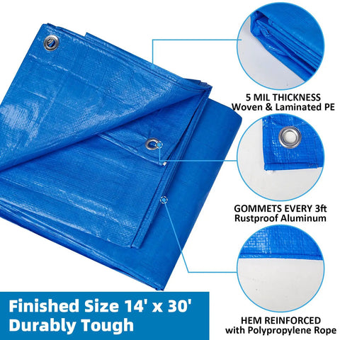 Double-Sided Waterproof Poly Tarp 14x30 Feet 5 Mil Thick with rustproof grommets and reinforced hem