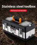 Badass Rugged Stainless Steel Tool Box With Dual Layer Garage Storage And Snappy Organizer Lid Tray For Screws, showcasing durable design and sturdy handle.