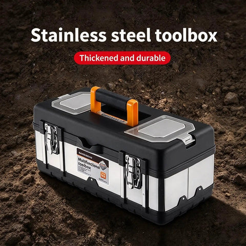 Badass Rugged Stainless Steel Tool Box With Dual Layer Garage Storage And Snappy Organizer Lid Tray For Screws, showcasing durable design and sturdy handle.